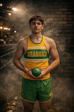 Focused shot put athlete in action